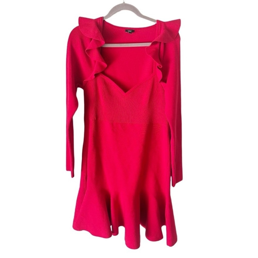 Express Body Contour Red Ruffle Sweetheart Neck Knit Sweater Dress Size Large